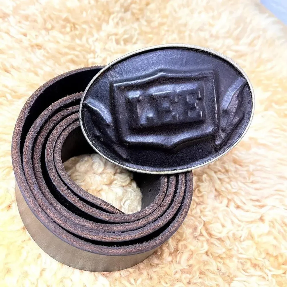 Lee Cowboy Brown Leather Belt With Oval Metal Buckle Made In Italy
